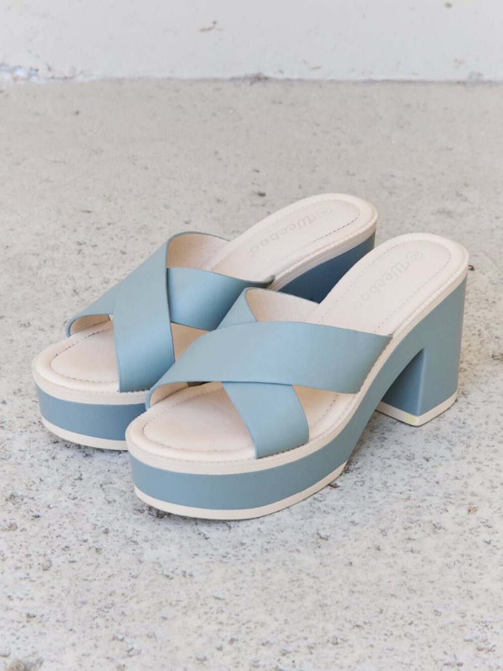 Misty Blue Crisscross Platform Heels | Two-Tone Block Heel Sandals
